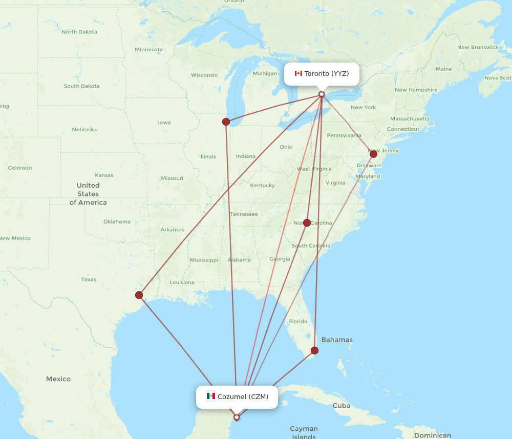 CZM to YYZ flights and routes map