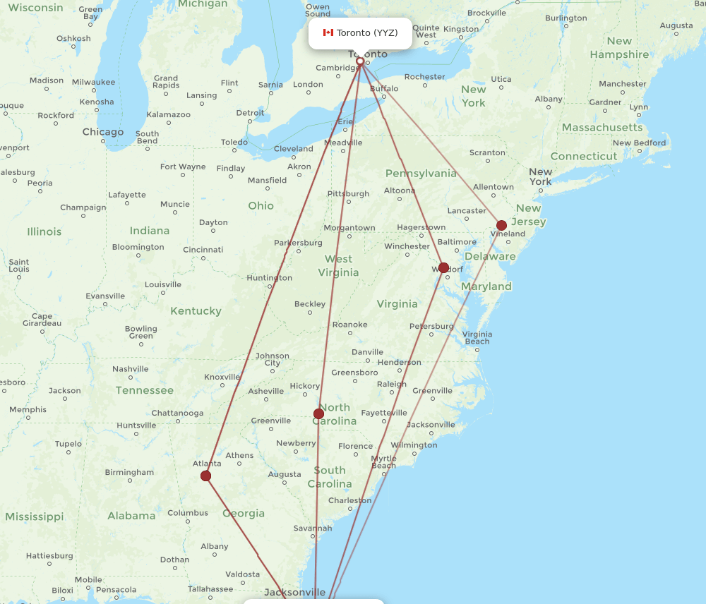 Toronto - Daytona Beach route map and flight paths