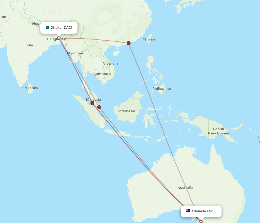 DAC to ADL flights and routes map
