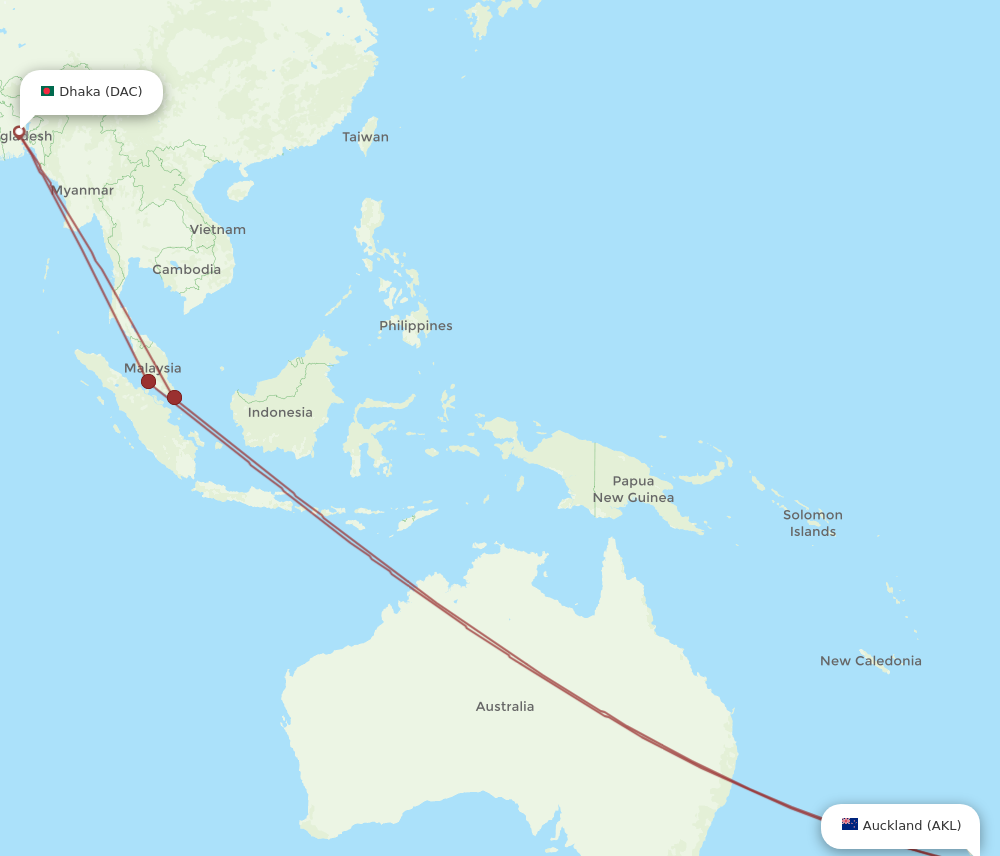 DAC to AKL flights and routes map