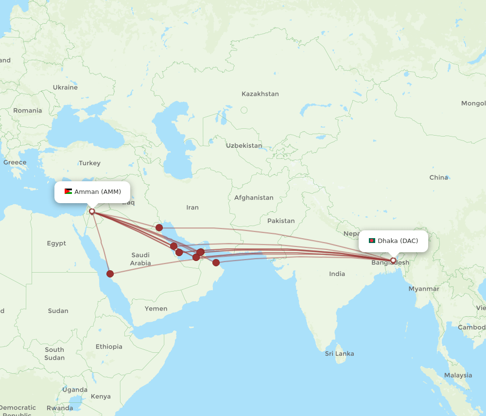 DAC to AMM flights and routes map