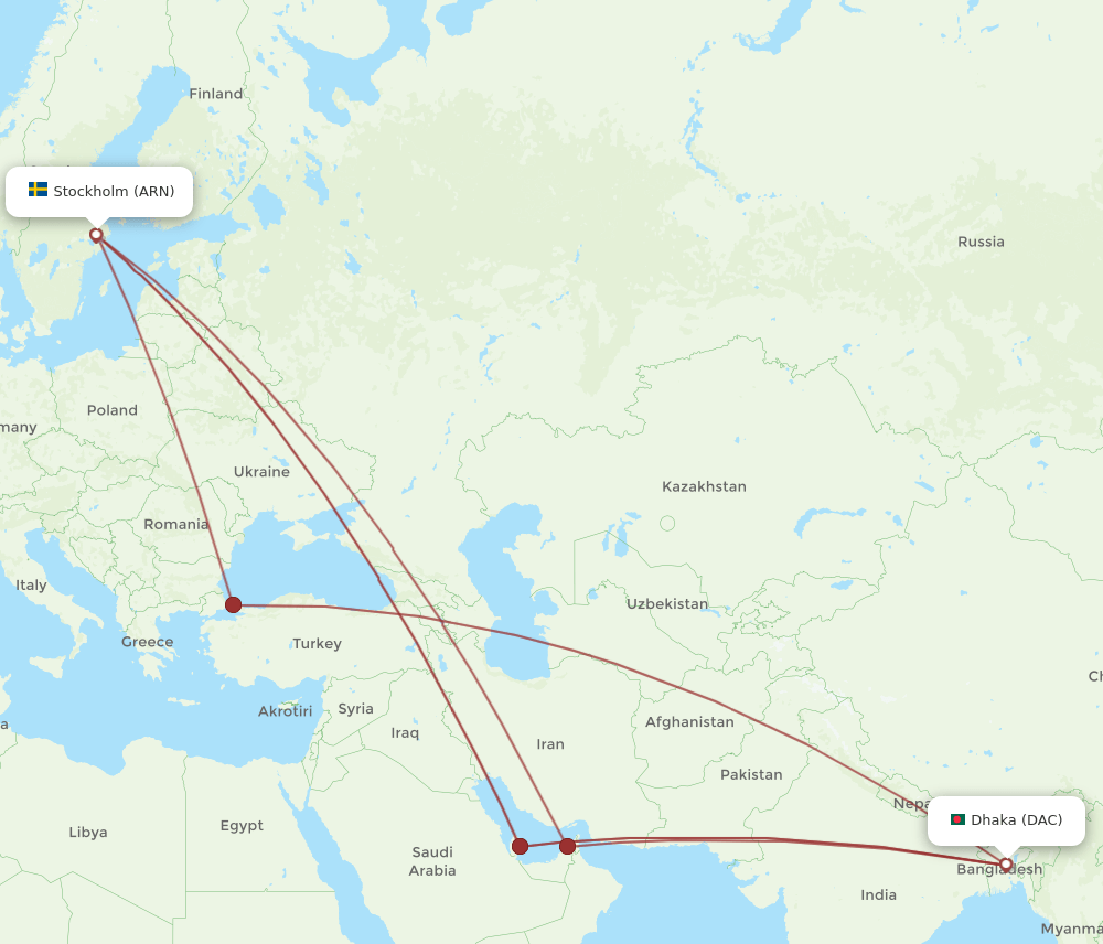 DAC-ARN flight routes