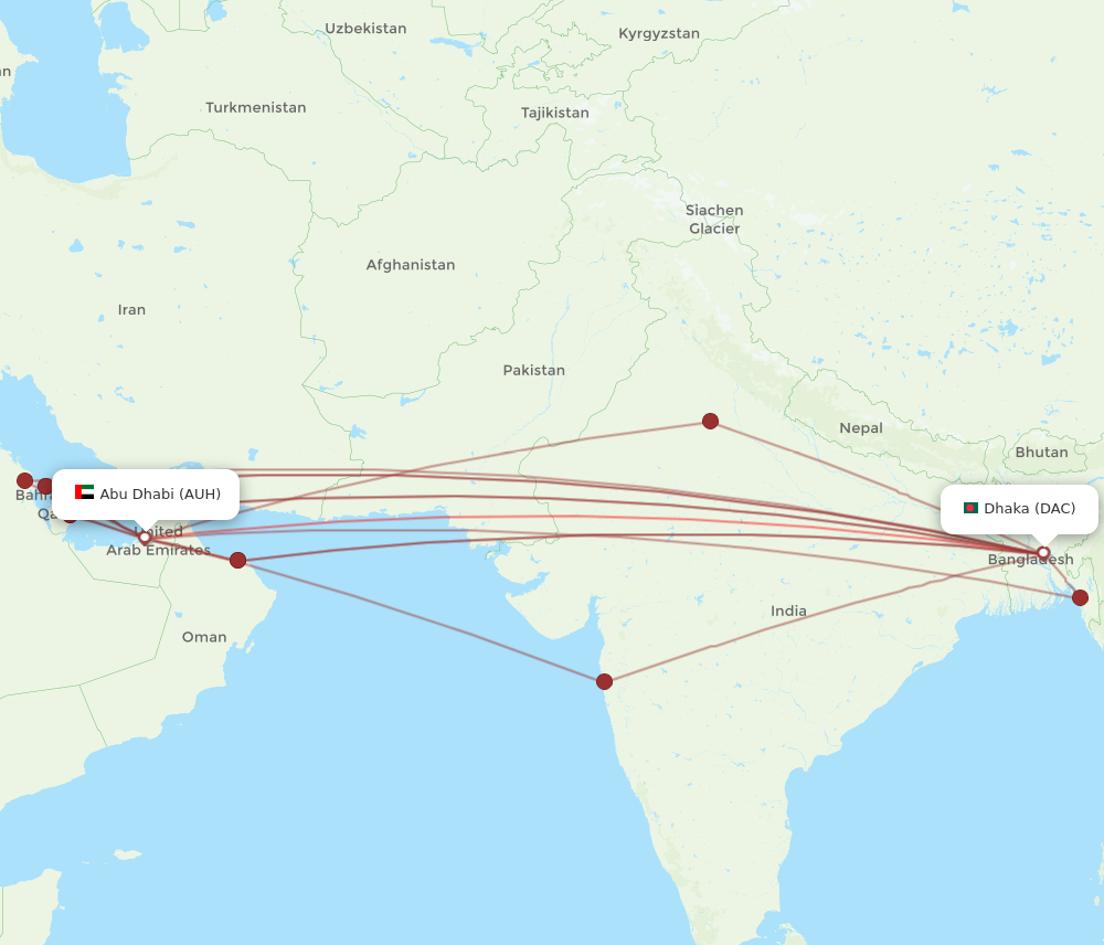 DAC to AUH flights and routes map
