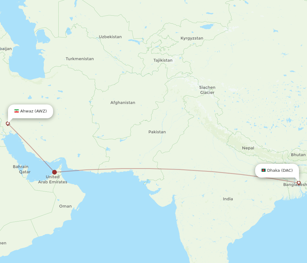 Dhaka - Ahwaz route map and flight paths