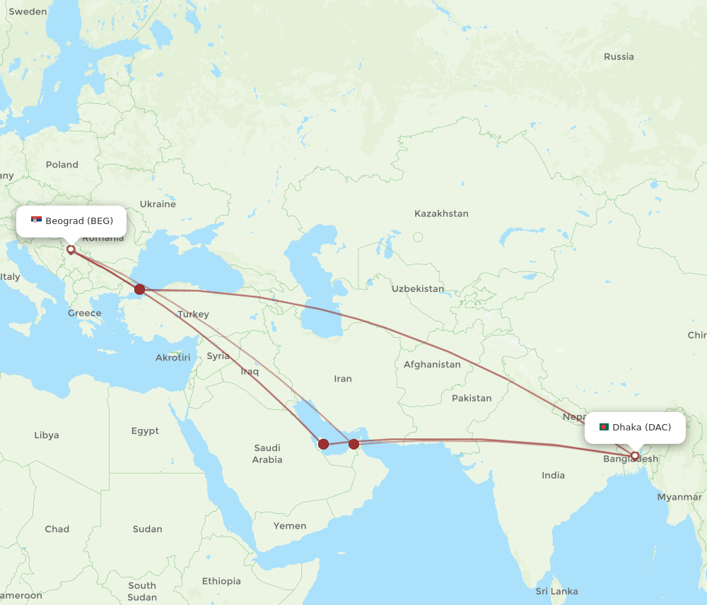 DAC-BEG flight routes