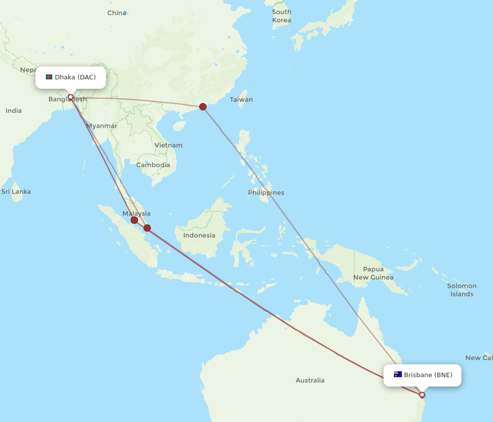 DAC to BNE flights and routes map