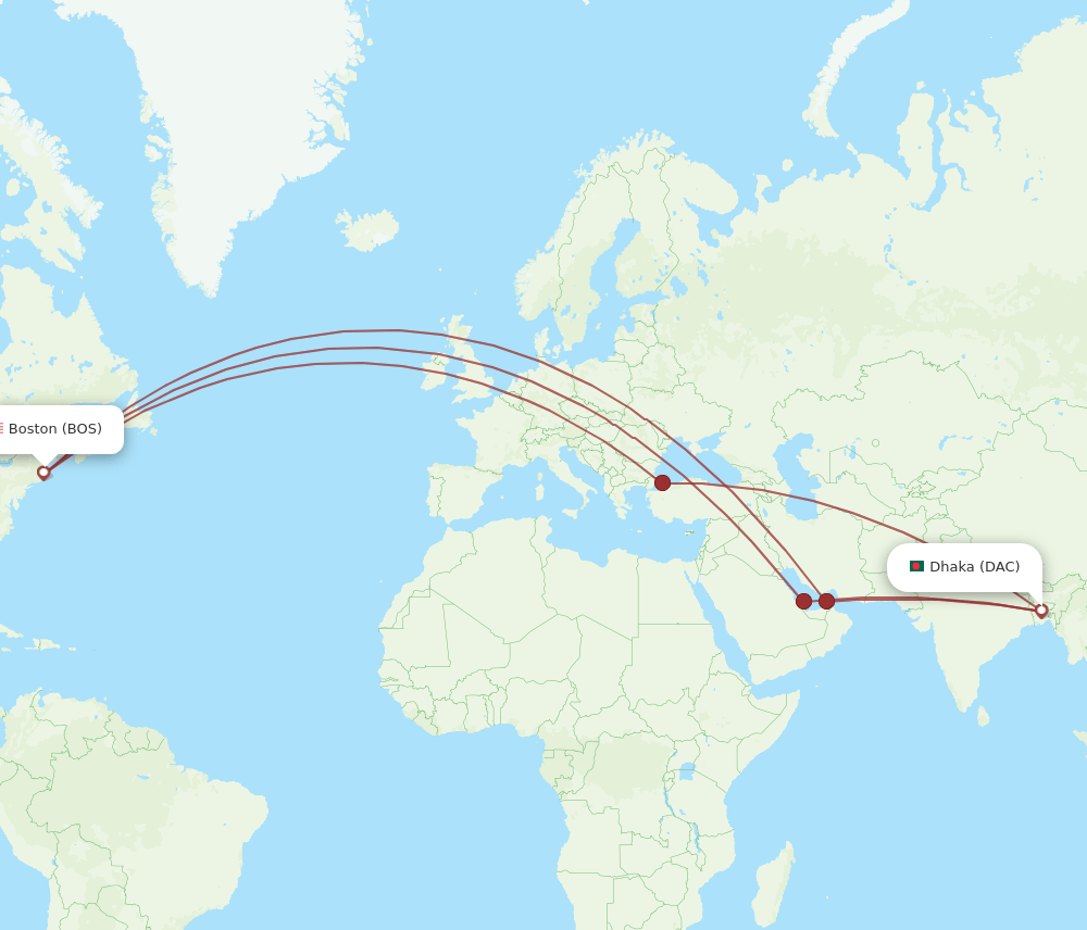 DAC-BOS flight routes