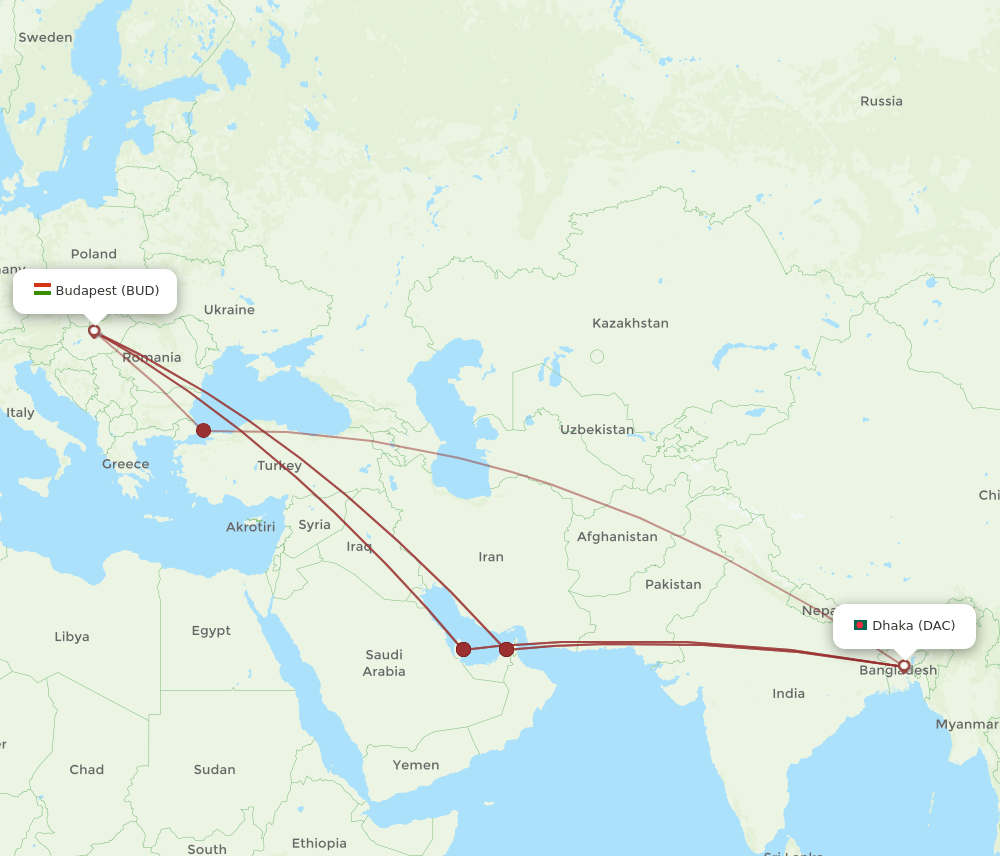 DAC-BUD flight routes
