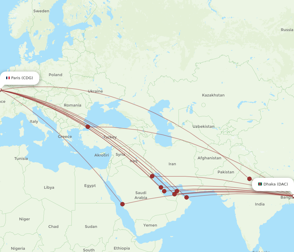 DAC-CDG flight routes