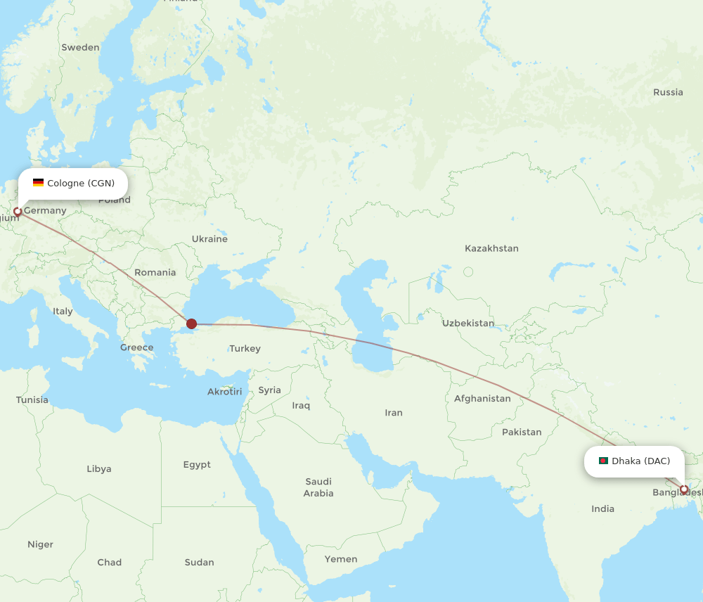 DAC to CGN flights and routes map