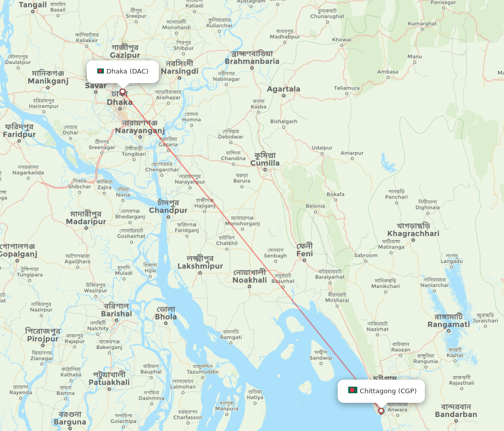 Dhaka - Chittagong route map and flight paths