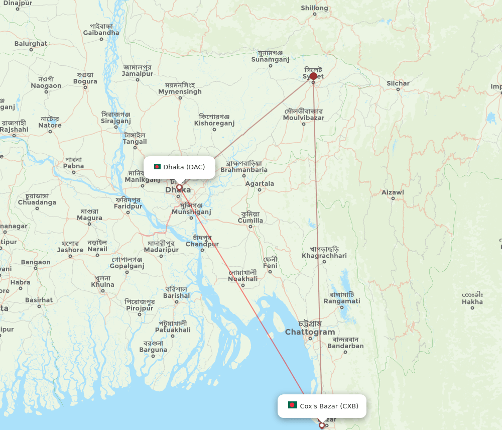 Dhaka - Coxs Bazar route map and flight paths