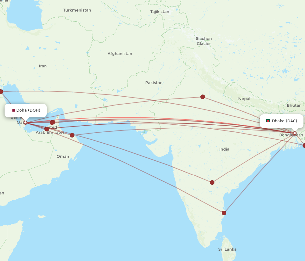 DAC to DOH flights and routes map