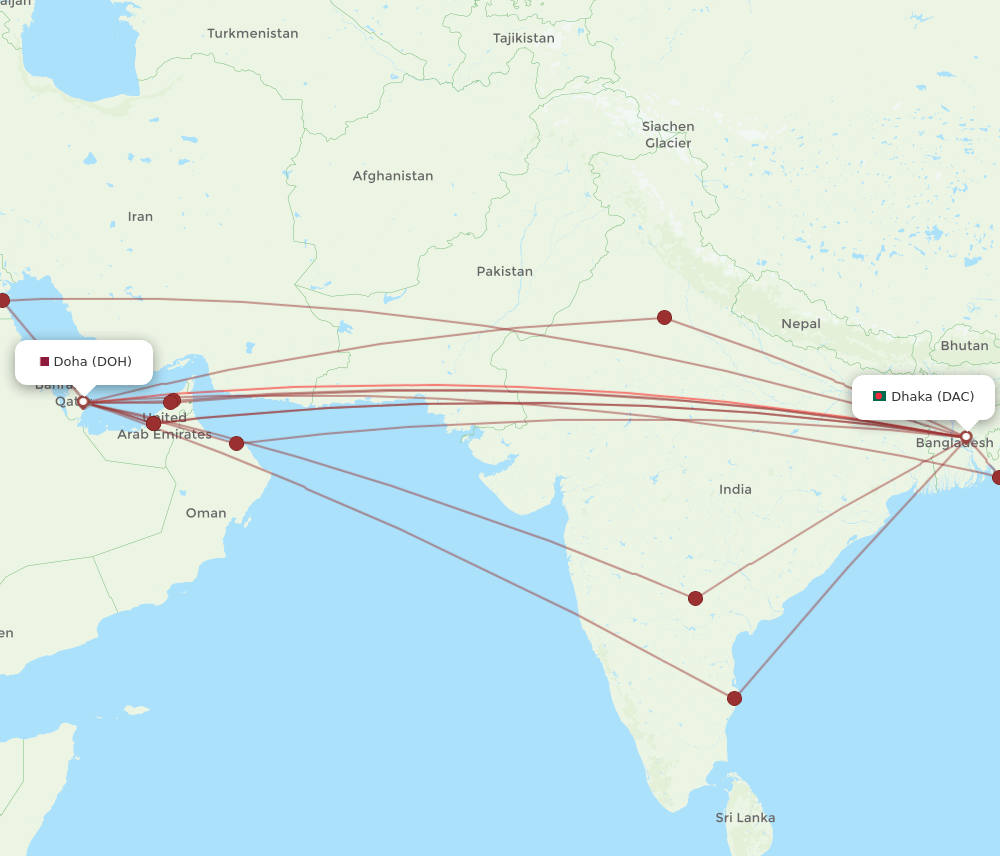 DAC to DOH flights and routes map