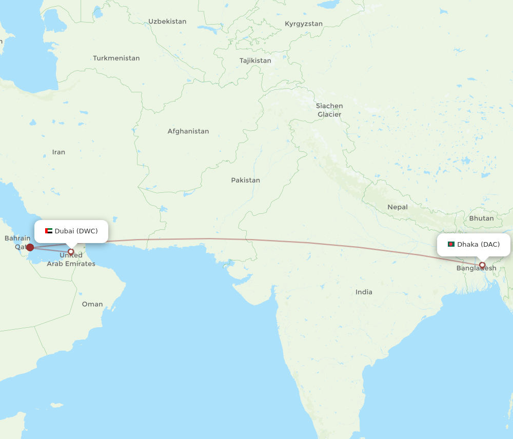 DAC to DWC flights and routes map