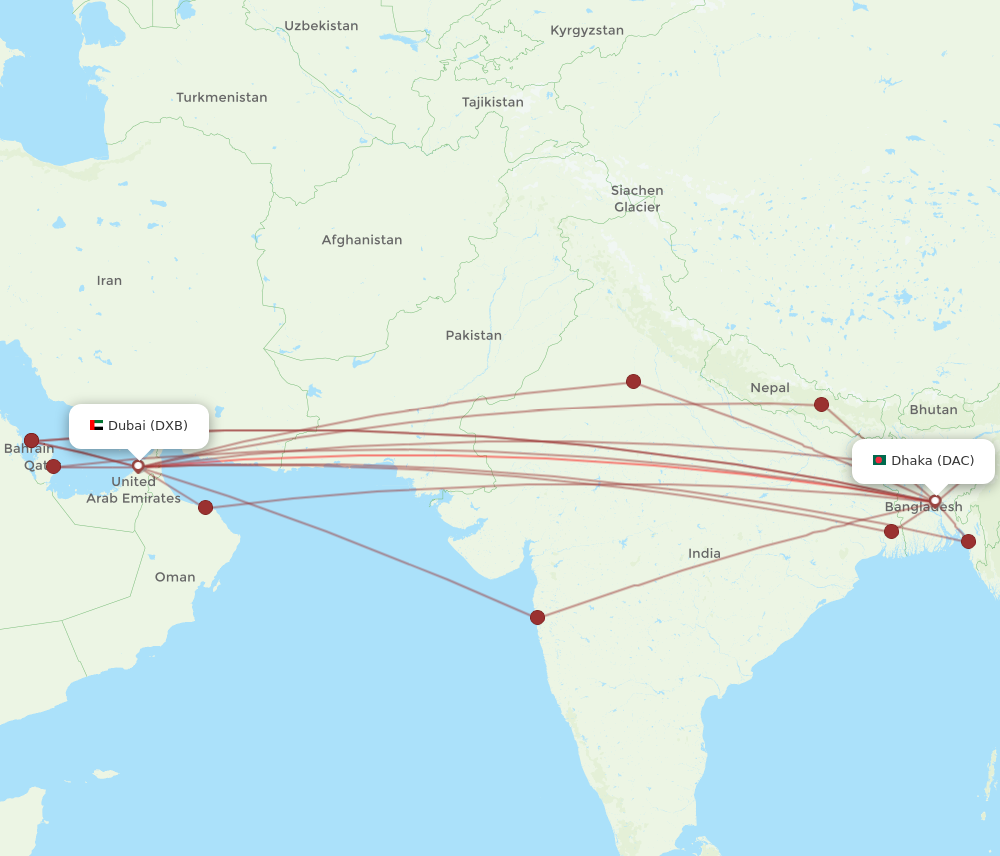 DAC to DXB flights and routes map