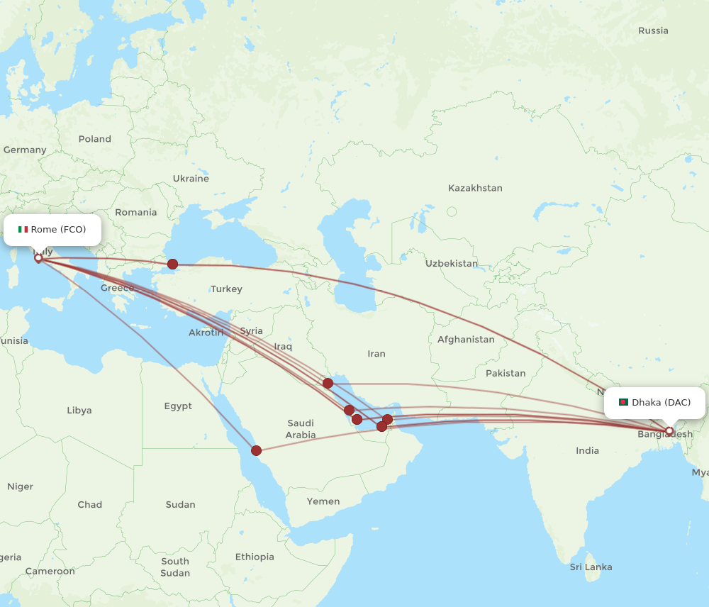 DAC to FCO flights and routes map
