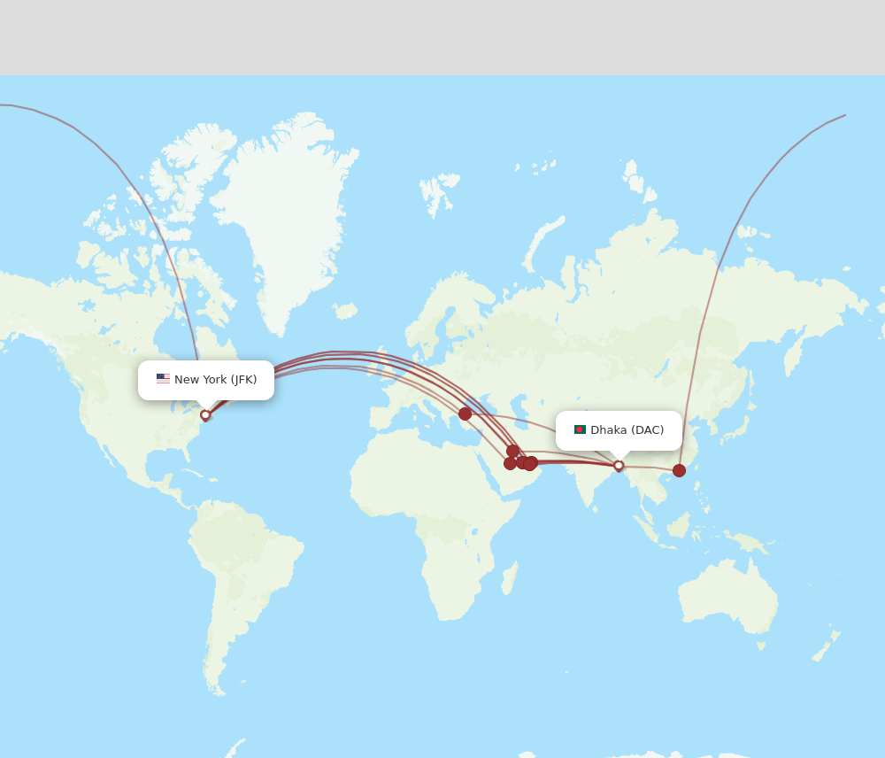 DAC to JFK flights and routes map