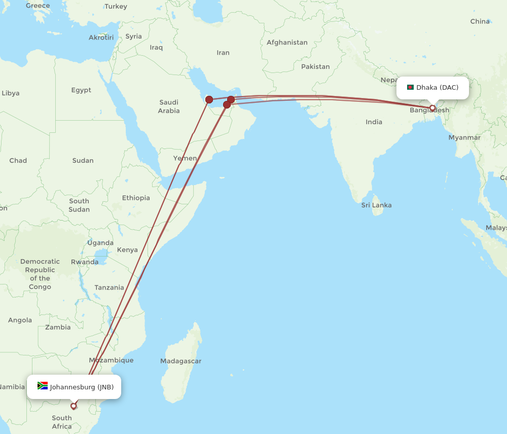 DAC to JNB flights and routes map