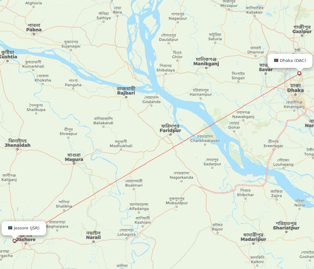 DAC to JSR flights and routes map