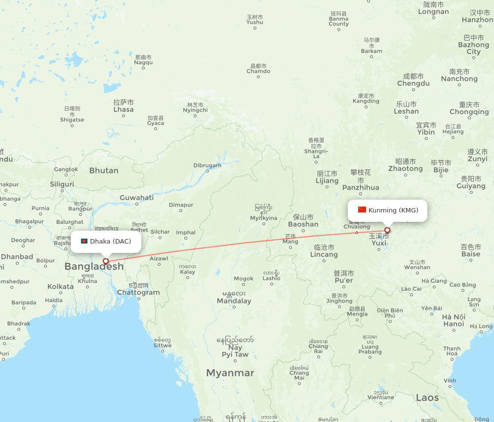 Dhaka - Kunming route map and flight paths