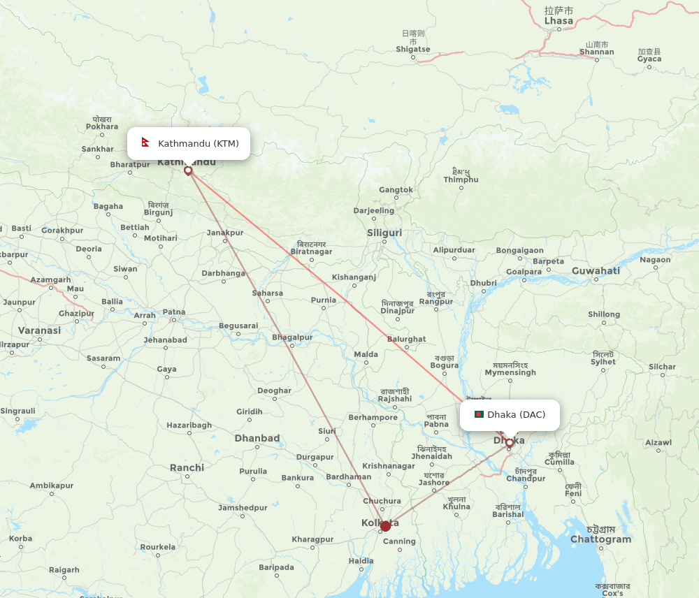 DAC to KTM flights and routes map