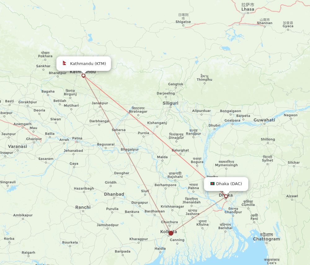 Dhaka - Kathmandu route map and flight paths