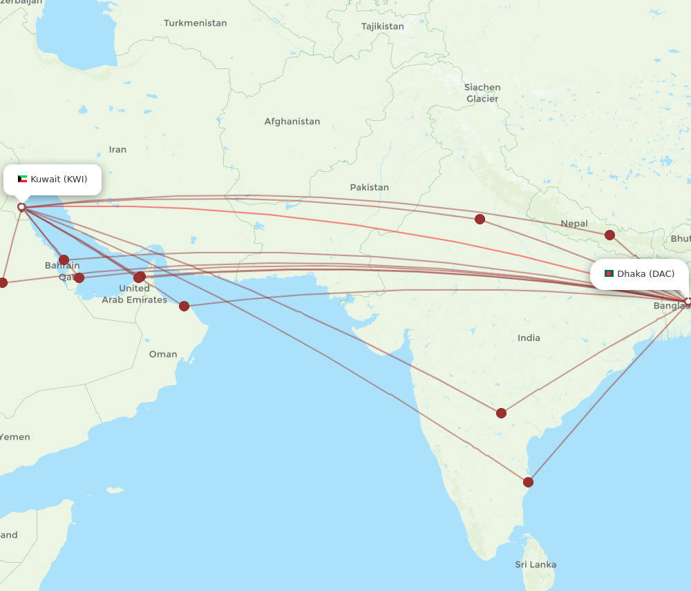 DAC to KWI flights and routes map