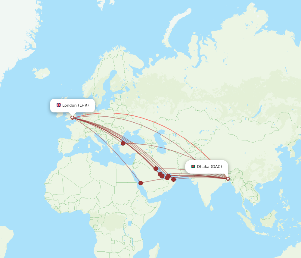DAC to LHR flights and routes map