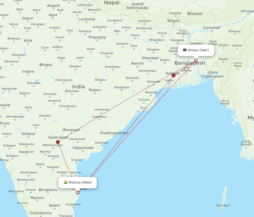 DAC to MAA flights and routes map
