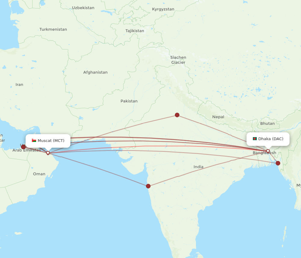 DAC to MCT flights and routes map