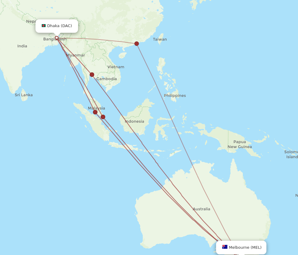DAC to MEL flights and routes map