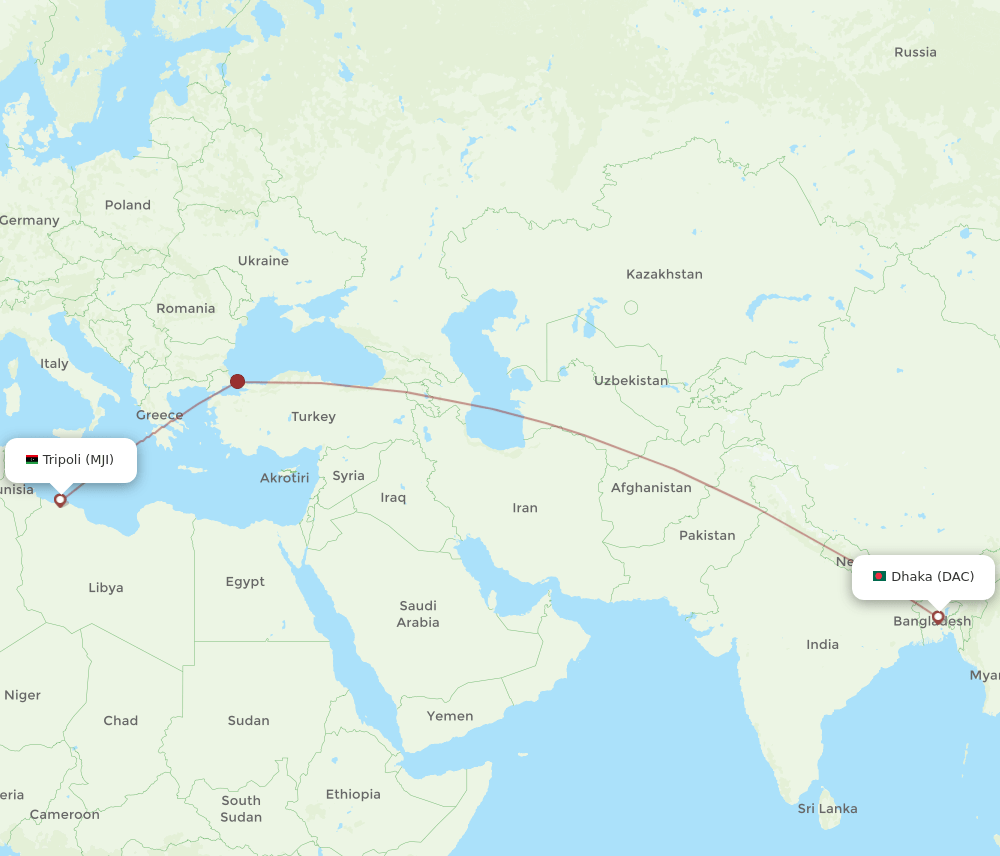 DAC to MJI flights and routes map