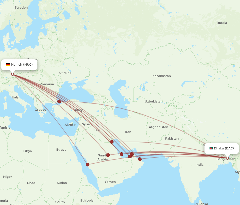 DAC to MUC flights and routes map