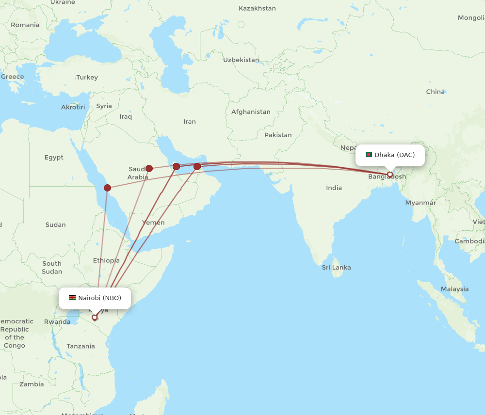 DAC-NBO flight routes