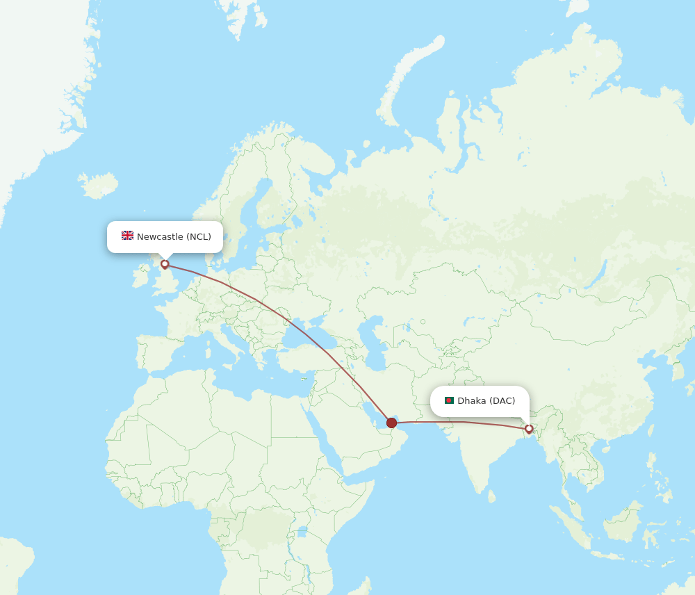 DAC-NCL flight routes