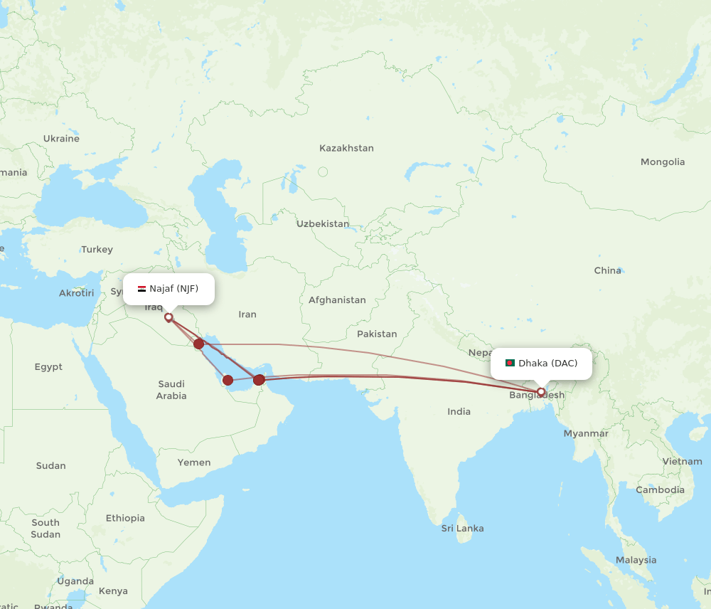 DAC-NJF flight routes