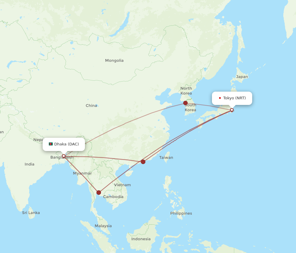 DAC to NRT flights and routes map