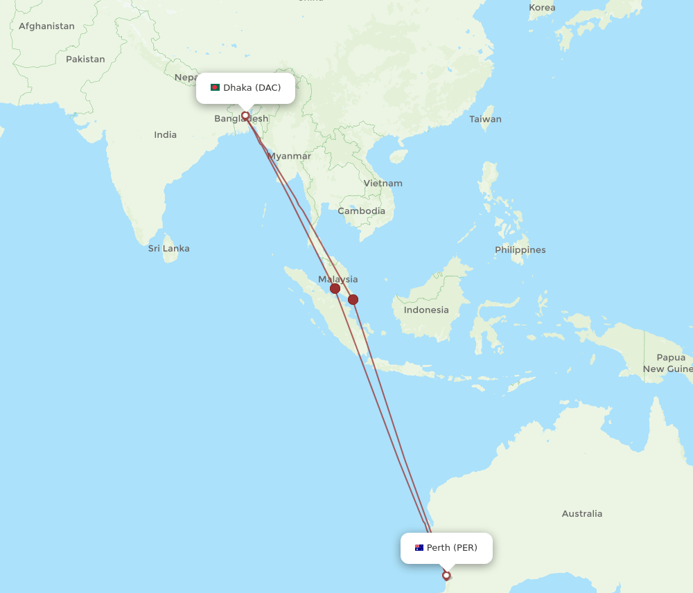 DAC to PER flights and routes map