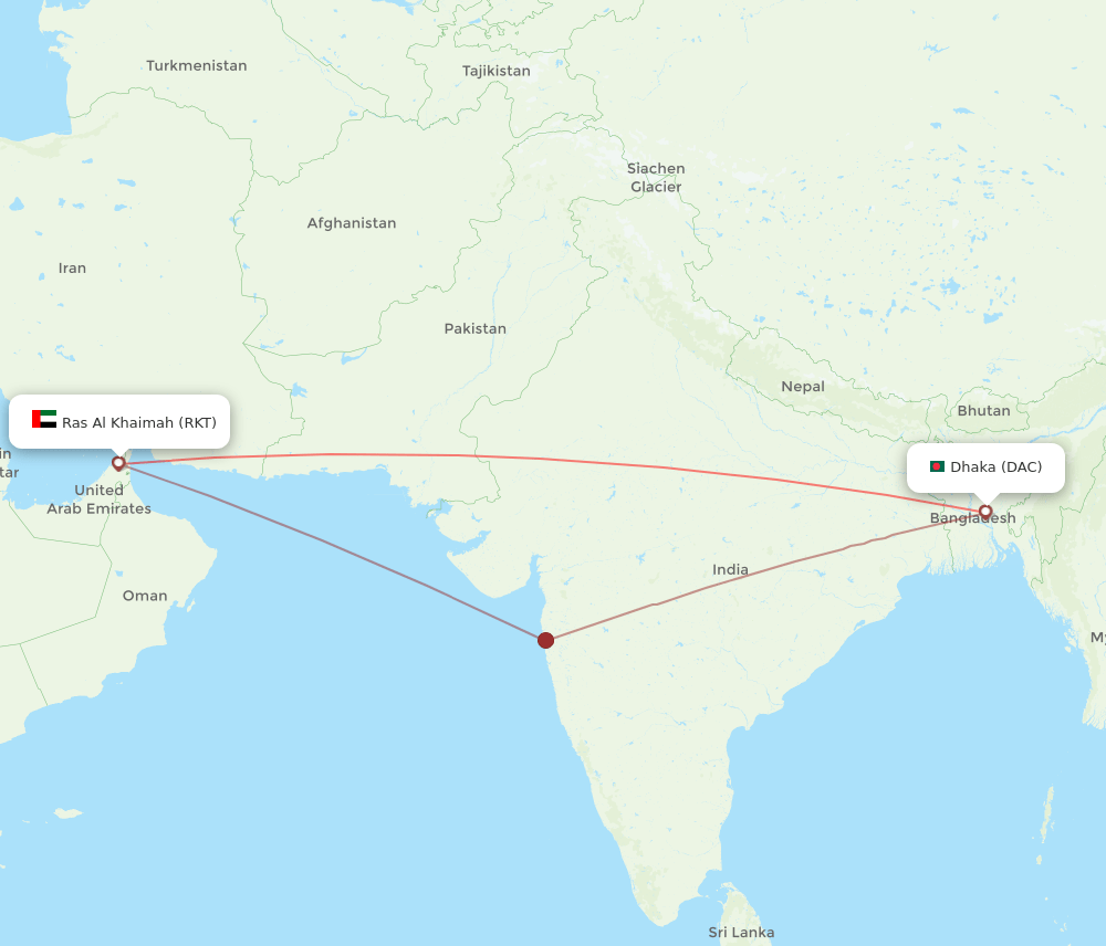 DAC to RKT flights and routes map