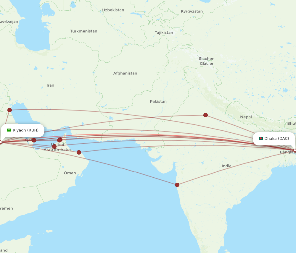 DAC to RUH flights and routes map