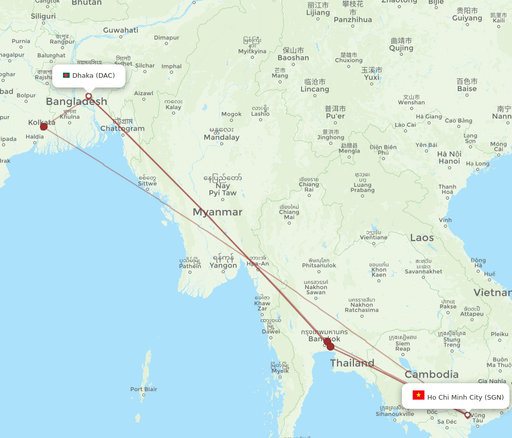 DAC to SGN flights and routes map