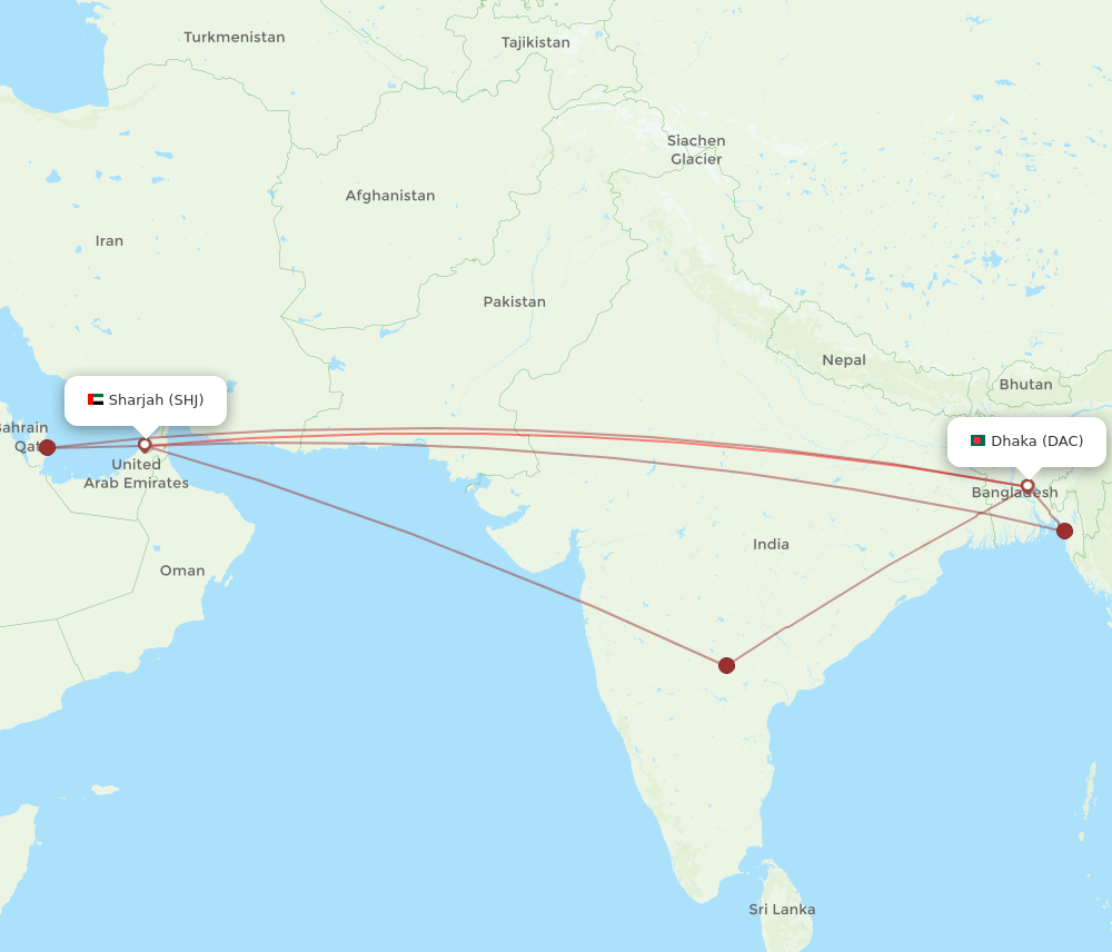 DAC to SHJ flights and routes map