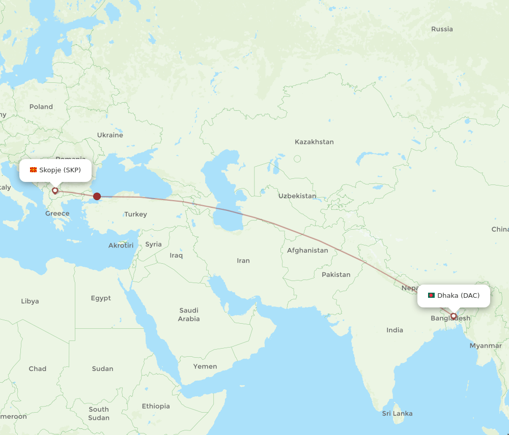 Dhaka - Skopje route map and flight paths