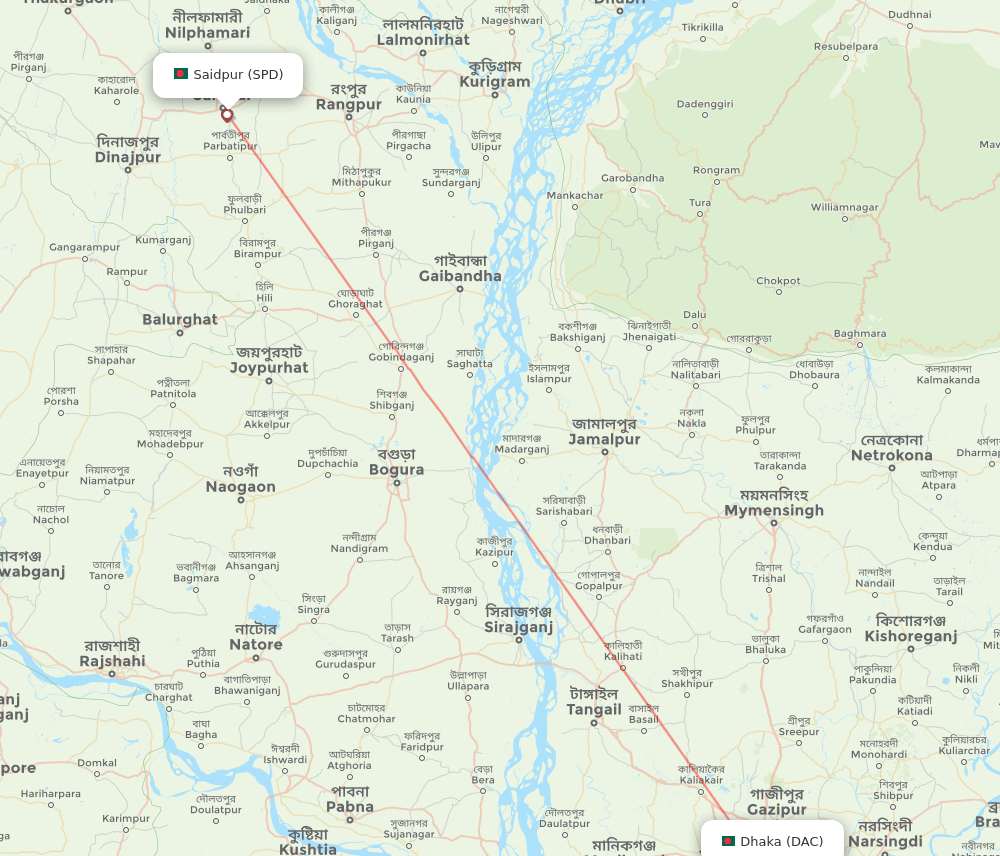 Dhaka - Saidpur route map and flight paths