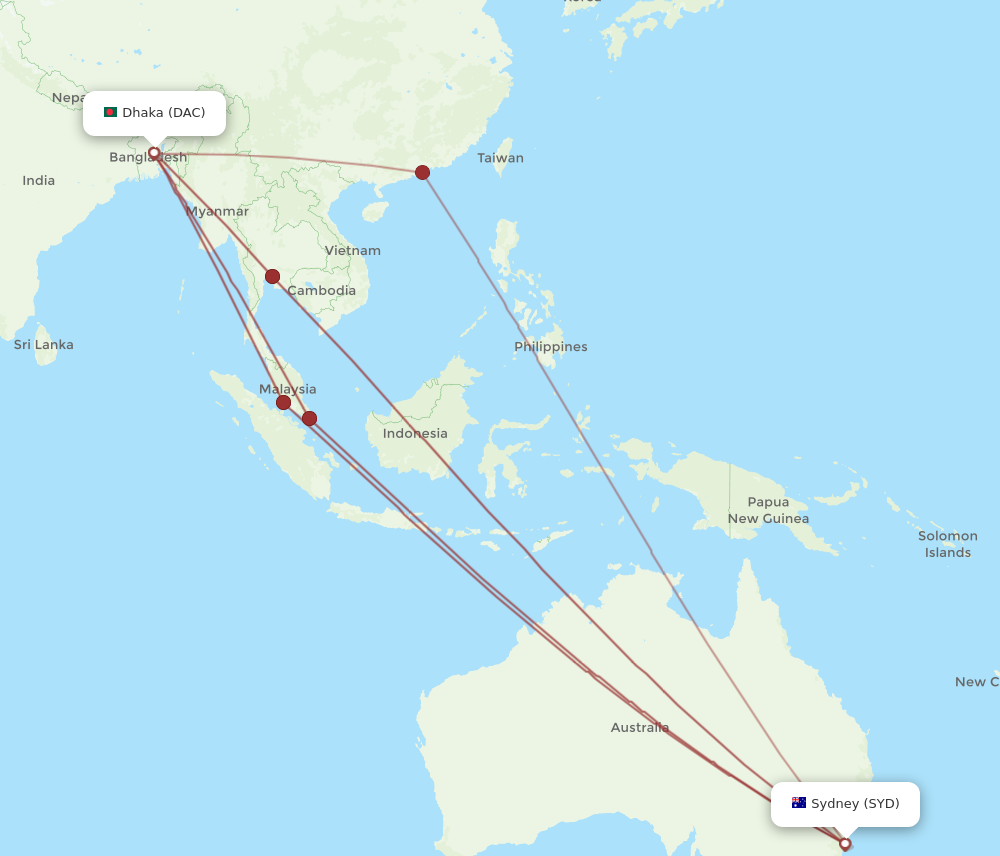 DAC to SYD flights and routes map