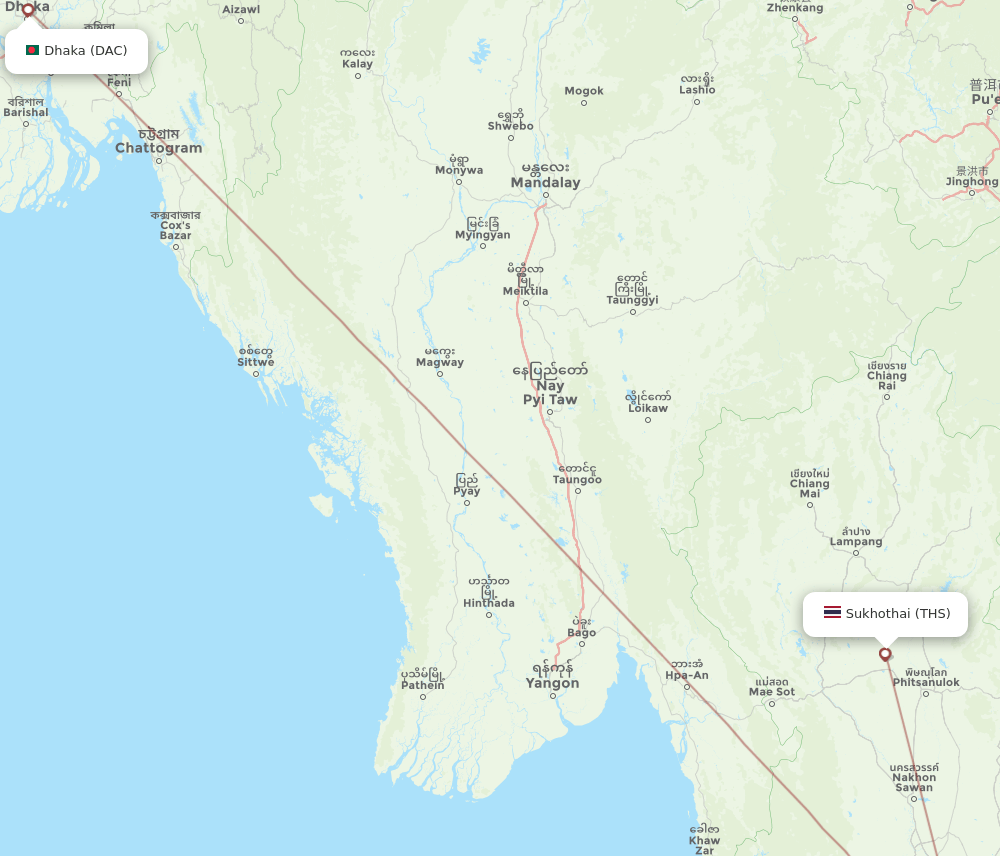 DAC to THS flights and routes map
