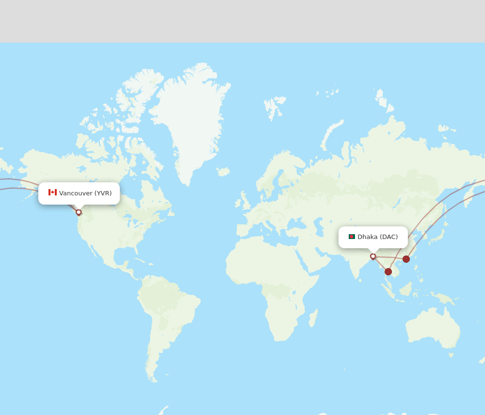 Vancouver - Dhaka route map and flight paths