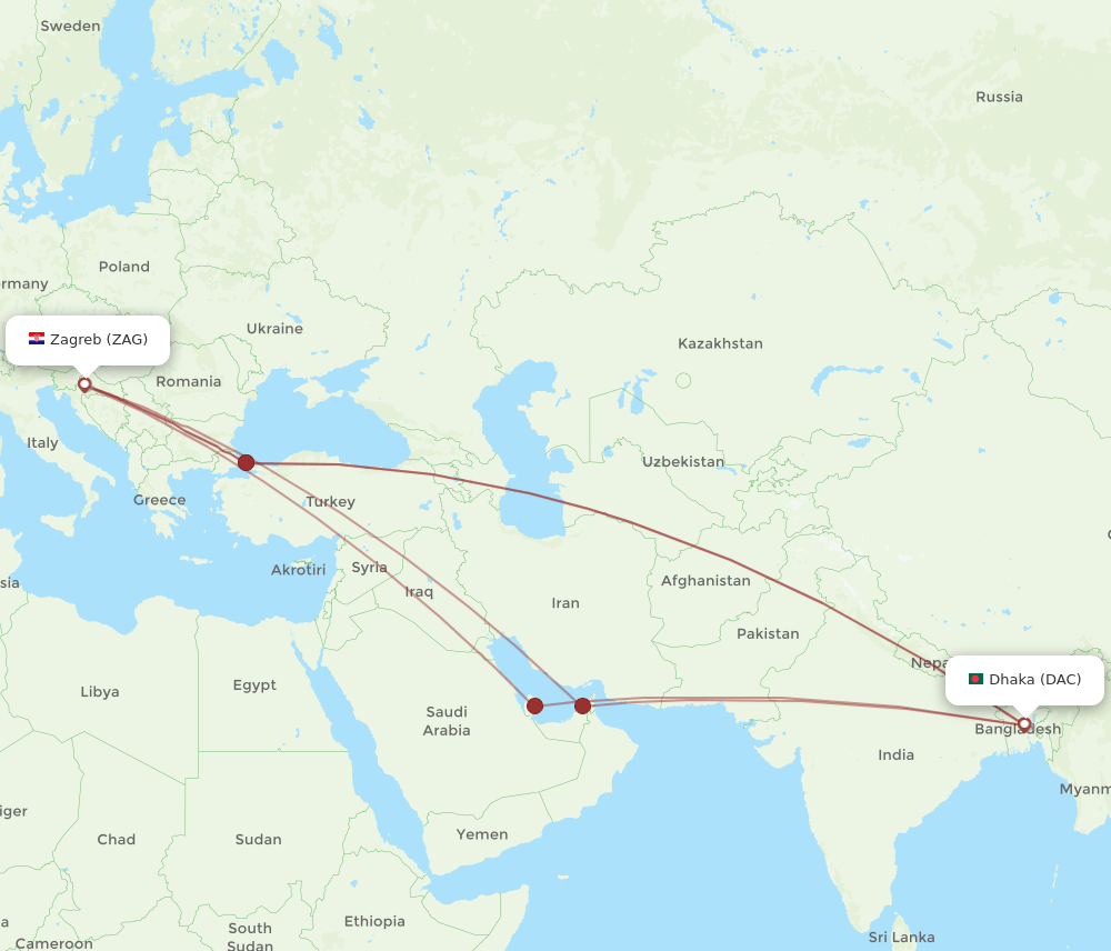 ZAG to DAC flights and routes map
