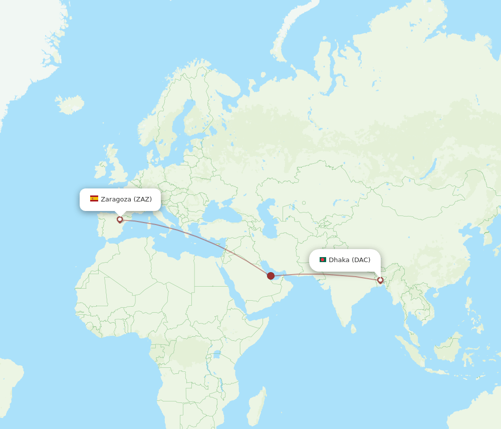 Dhaka - Zaragoza route map and flight paths